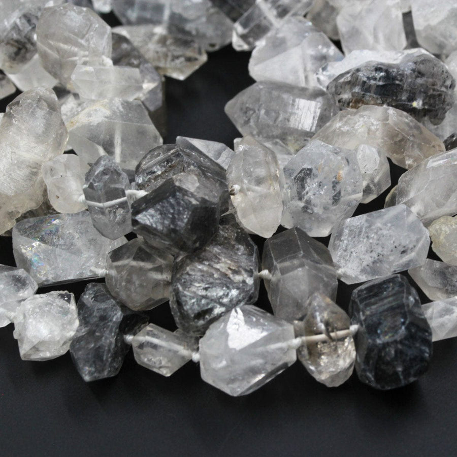 Tibetan Quartz Beads Raw Rough Double Terminated Rock Crystal Point Center Vertically Drilled Healing Natural Quartz Crystal Bead 16&quot; Strand