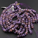 Natural Charorite Thick Rondelle Wheel Beads Large Smooth Purple Russian Charoite W/ Orange Hessonite Garnet Matrix 15.5" Strand