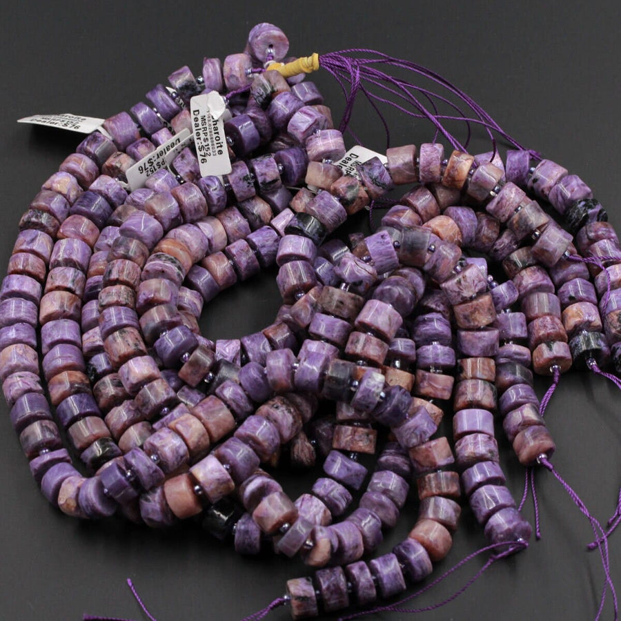 Natural Charorite Thick Rondelle Wheel Beads Large Smooth Purple Russian Charoite W/ Orange Hessonite Garnet Matrix 15.5" Strand