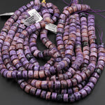 Natural Charorite Thick Rondelle Wheel Beads Large Smooth Purple Russian Charoite W/ Orange Hessonite Garnet Matrix 15.5" Strand