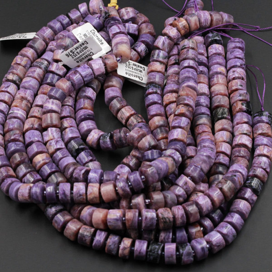Natural Charorite Thick Rondelle Wheel Beads Large Smooth Purple Russian Charoite W/ Orange Hessonite Garnet Matrix 15.5" Strand