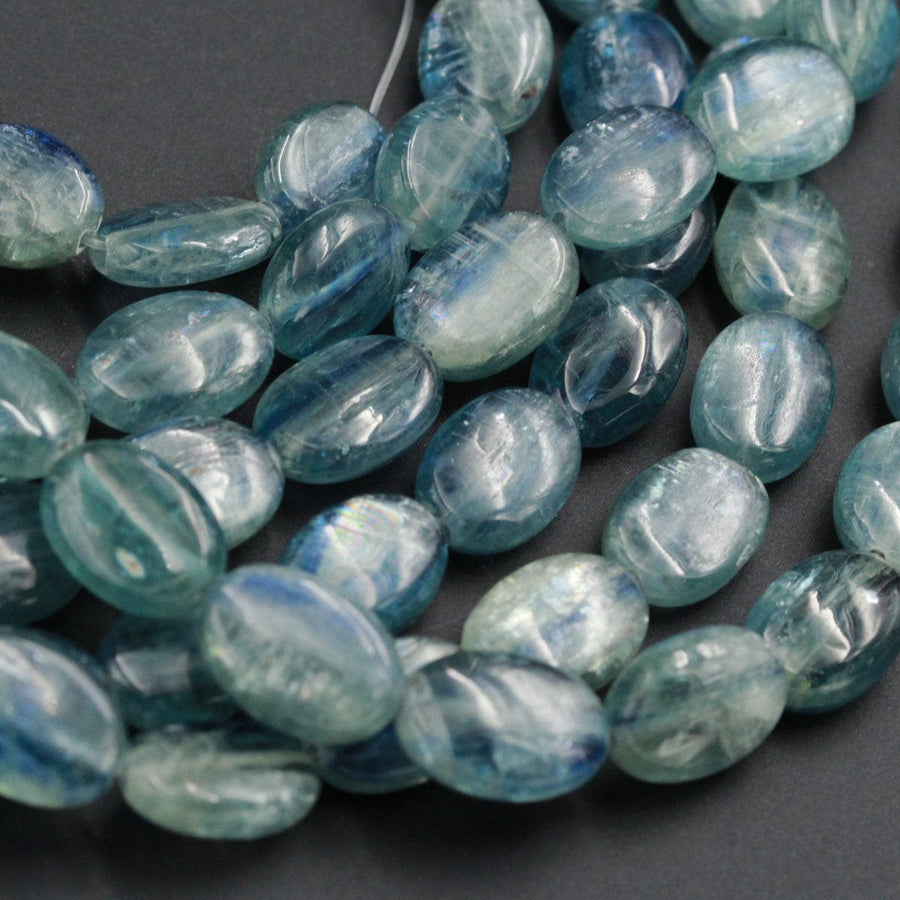 Rare Bicolor Natural Blue Green Kyanite 10mm x 14mm Oval Beads A Quality Chatoyant Silvery Green Blue Gemstone 16" Strand