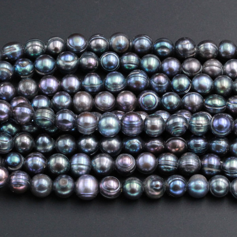 Large Hole Black Peacock Pearl Beads Genuine Freshwater Pearl Round 10mm 11mm 12mm Shimmery Dark Peacock Big 2.5mm Hole 8" Strand