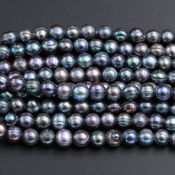 Large Hole Black Peacock Pearl Beads Genuine Freshwater Pearl Round 10mm 11mm 12mm Shimmery Dark Peacock Big 2.5mm Hole 8" Strand