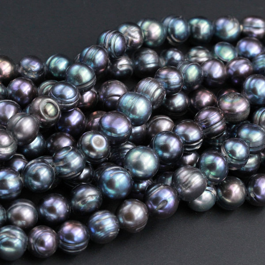 Large Hole Black Peacock Pearl Beads Genuine Freshwater Pearl Round 10mm 11mm 12mm Shimmery Dark Peacock Big 2.5mm Hole 8" Strand