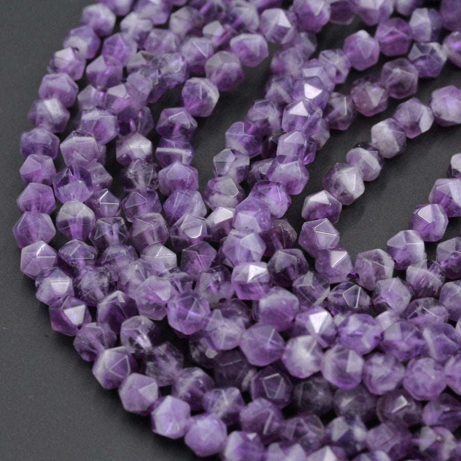 Geometric Cut Star Cut Genuine 100% Natural Amethyst Faceted 6mm Rounded Nugget Beads Strand