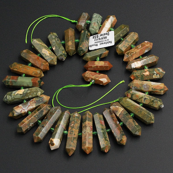 AAA Natural Rainforest Rhyolite Jasper Faceted Double Terminated Pointed Tips Center Drilled Large Healing Focal Pendant Bead 15.5" Strand