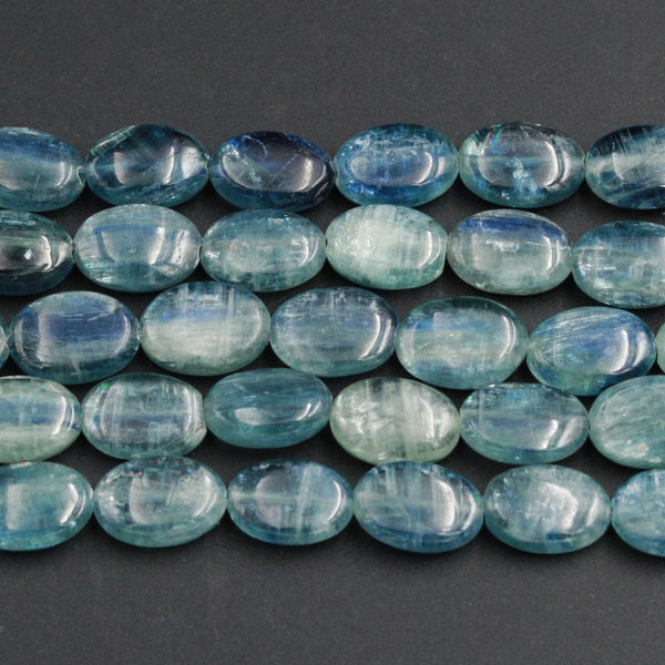 Rare Bicolor Natural Blue Green Kyanite 10mm x 14mm Oval Beads A Quality Chatoyant Silvery Green Blue Gemstone 16" Strand