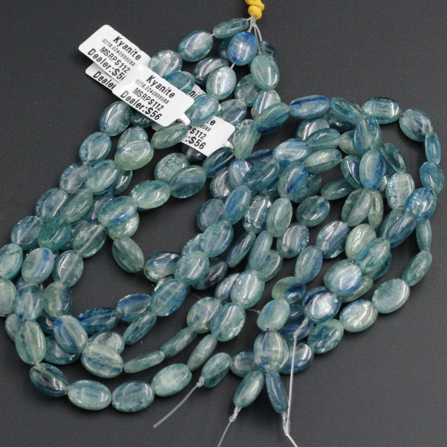 Rare Bicolor Natural Blue Green Kyanite 10mm x 14mm Oval Beads A Quality Chatoyant Silvery Green Blue Gemstone 16" Strand