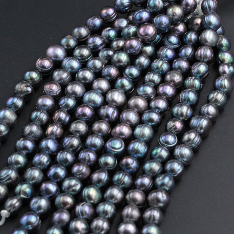 Large Hole Black Peacock Pearl Beads Genuine Freshwater Pearl Round 10mm 11mm 12mm Shimmery Dark Peacock Big 2.5mm Hole 8" Strand