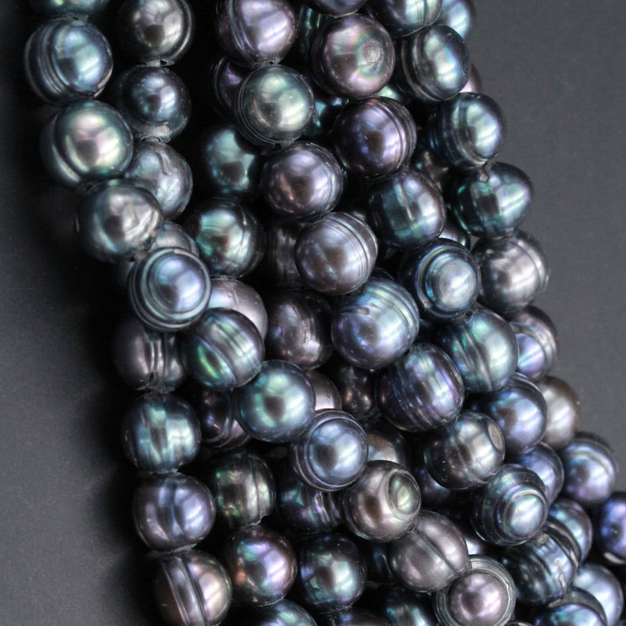 Large Hole Black Peacock Pearl Beads Genuine Freshwater Pearl Round 10mm 11mm 12mm Shimmery Dark Peacock Big 2.5mm Hole 8" Strand