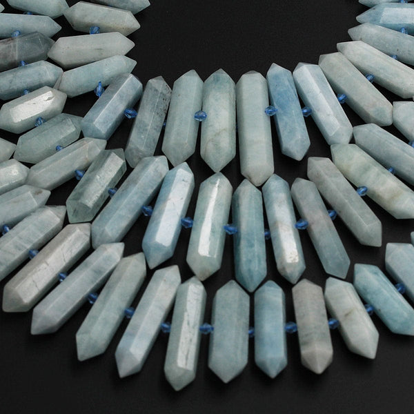 Natural Aquamarine Beads Faceted Double Terminated Pointed Tips Large Drilled Real Genuine Soft Blue Aquamarine Focal Pendant 16" Strand