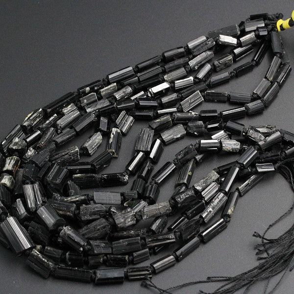 Drilled Raw Natural Black Tourmaline Beads Long Nugget Real Genuine Black Tourmaline Crystal Shaped Gemstones Tube Stick 16" Strand