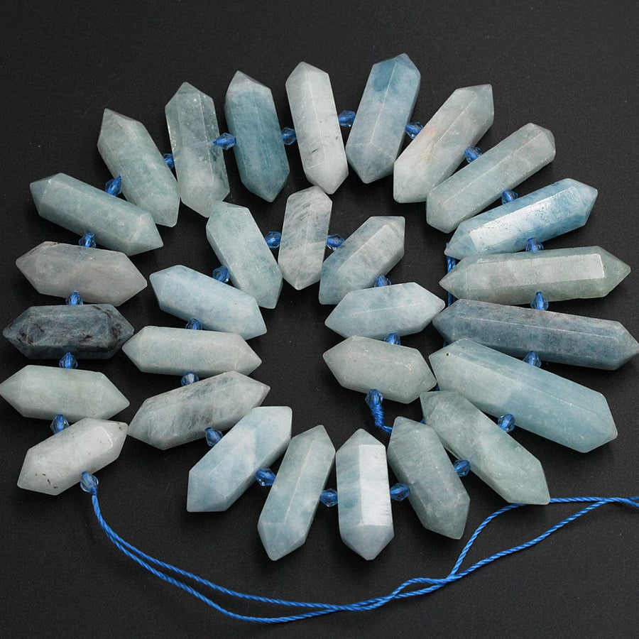 Natural Aquamarine Beads Faceted Double Terminated Pointed Tips Large Drilled Real Genuine Soft Blue Aquamarine Focal Pendant 16" Strand