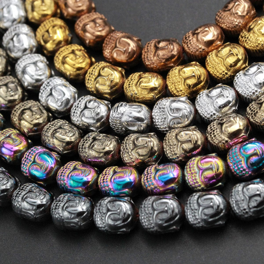 Titanium Hematite Carved Buddha Bead Beads 10mm Shiny Metallic Bronze Gold Gunmetal Black Silver Rainbow Champagne Colors  8" Strand