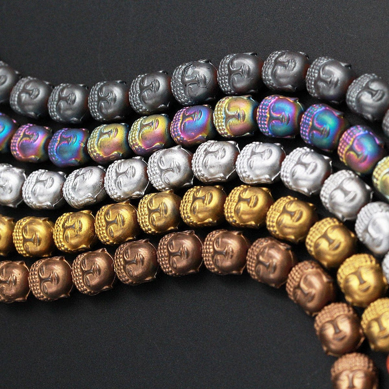 Titanium Hematite Carved Buddha Bead Beads 10mm Frosty Matte Finish Bronze Gold Gunmetal Black Silver Rainbow Colors  8" Strand