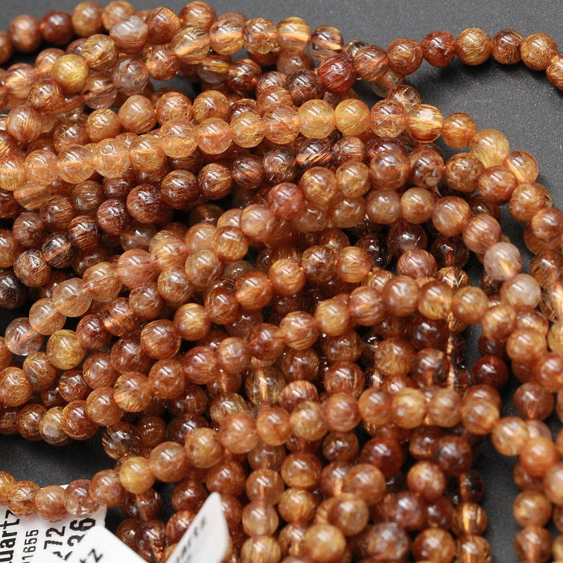 Rare Red Rutile Quartz 4mm 5mm 6mm  Round Beads Natural Golded Red Rutilated Quartz Round Beads Tons of Sharp Rutile Hair Needle 16" Strand