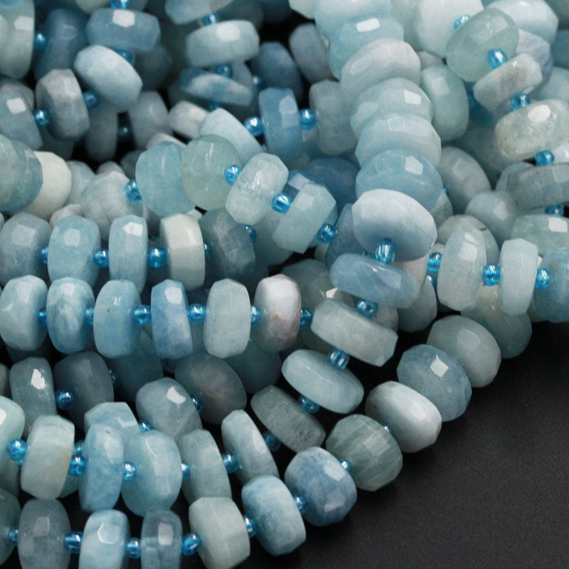 Natural Blue Aquamarine Beads Large Faceted Wheel Rondelle Gemstone High Quality Designer Beads Real Genuine Aquamarine Gemstone 16" Strand