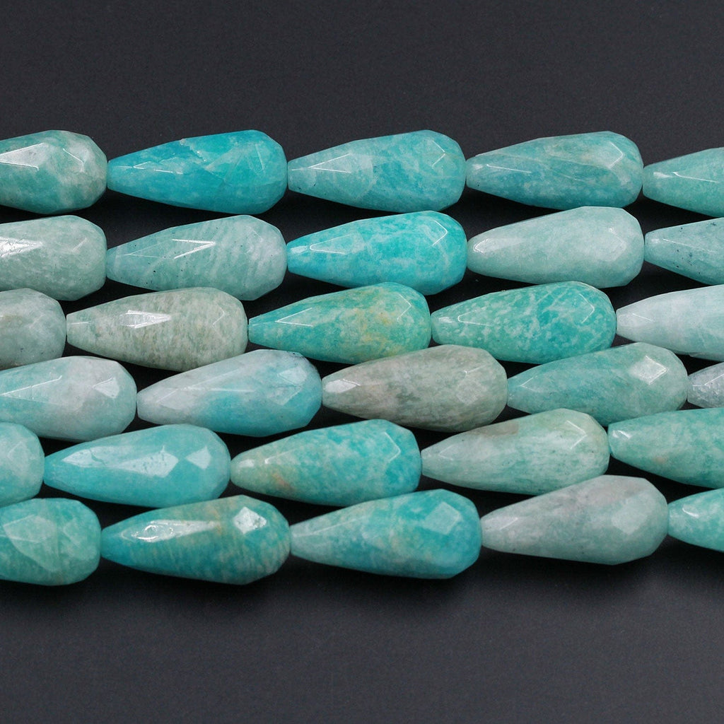 Gorgeous Faceted Natural Peruvian Amazonite Long Teardrop Beads Vertically Drilled Focal Sea Blue Green Teardrop Bead 16" Strand