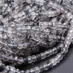 Natural Black Tourmaline Rutilated Rutile Quartz 4mm Faceted Rondelle Beads Micro Faceted Diamond Cut Gemstone 16" Strand