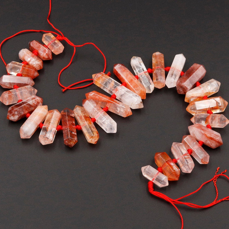 Lepidocrocite Quartz Beads Faceted Double Terminated Points Large Healing Natural Red Quartz Crystal Focal Pendant Bead 16" Strand