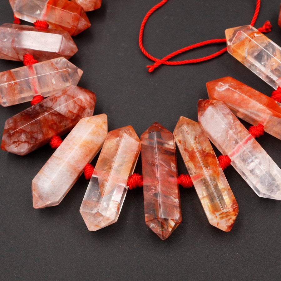 Lepidocrocite Quartz Beads Faceted Double Terminated Points Large Healing Natural Red Quartz Crystal Focal Pendant Bead 16" Strand