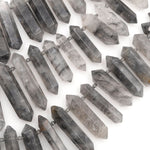 Natural Cloudy Quartz Beads Faceted Double Terminated Point Bullet Bicone Large Long Top Side Drilled Focal Smoky Gray Pendant 15.5" Strand