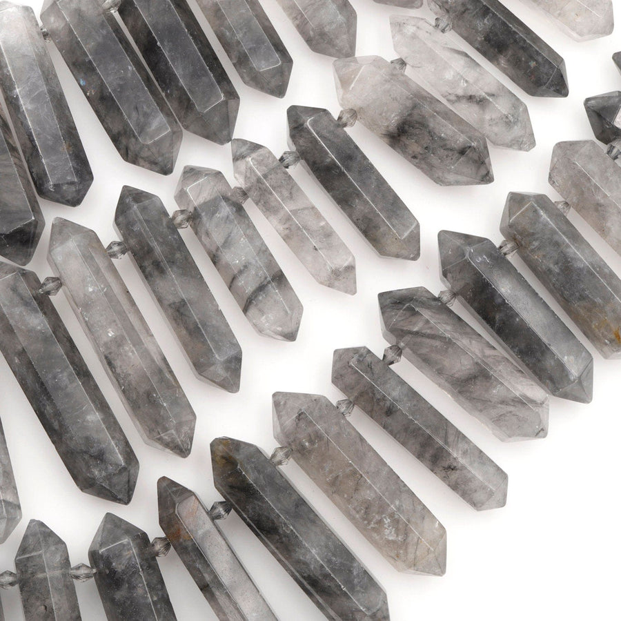 Natural Cloudy Quartz Beads Faceted Double Terminated Point Bullet Bicone Large Long Top Side Drilled Focal Smoky Gray Pendant 15.5" Strand