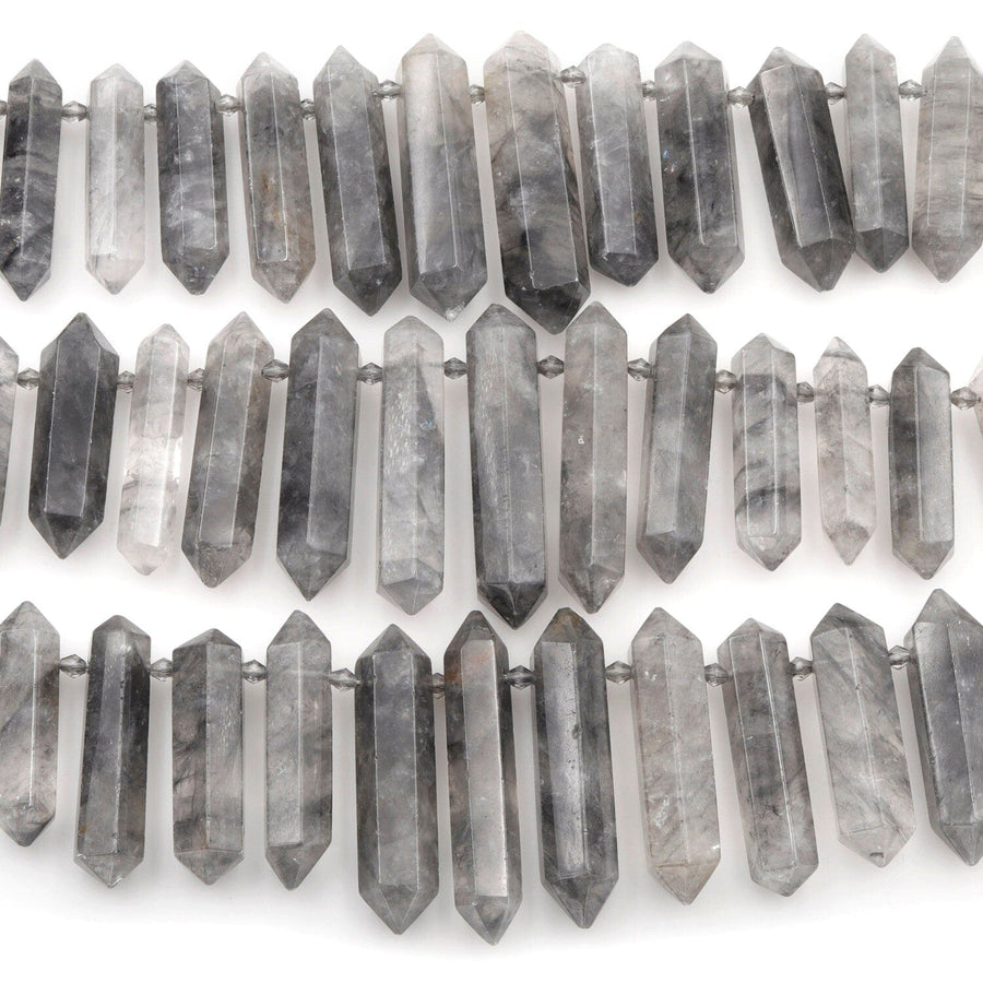Natural Cloudy Quartz Beads Faceted Double Terminated Point Bullet Bicone Large Long Top Side Drilled Focal Smoky Gray Pendant 15.5" Strand