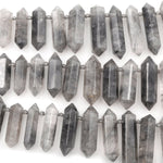 Natural Cloudy Quartz Beads Faceted Double Terminated Point Bullet Bicone Large Long Top Side Drilled Focal Smoky Gray Pendant 15.5" Strand