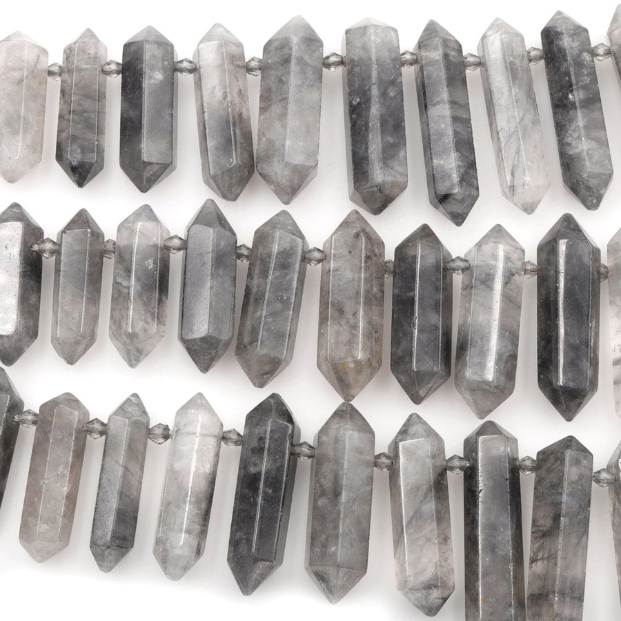 Natural Cloudy Quartz Beads Faceted Double Terminated Point Bullet Bicone Large Long Top Side Drilled Focal Smoky Gray Pendant 15.5" Strand