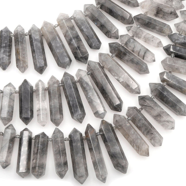 Natural Cloudy Quartz Beads Faceted Double Terminated Point Bullet Bicone Large Long Top Side Drilled Focal Smoky Gray Pendant 15.5" Strand