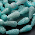 Gorgeous Faceted Natural Peruvian Amazonite Long Teardrop Beads Vertically Drilled Focal Sea Blue Green Teardrop Bead 16" Strand
