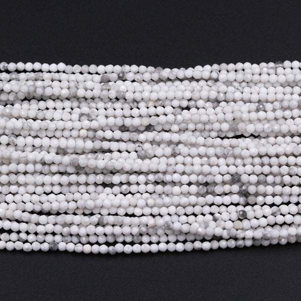 Gorgeous Tiny Small Faceted Natural Howlite 2mm Faceted Round Beads Micro Faceted Laser Diamond Cut Natural White Grey Gemstone 16" Strand