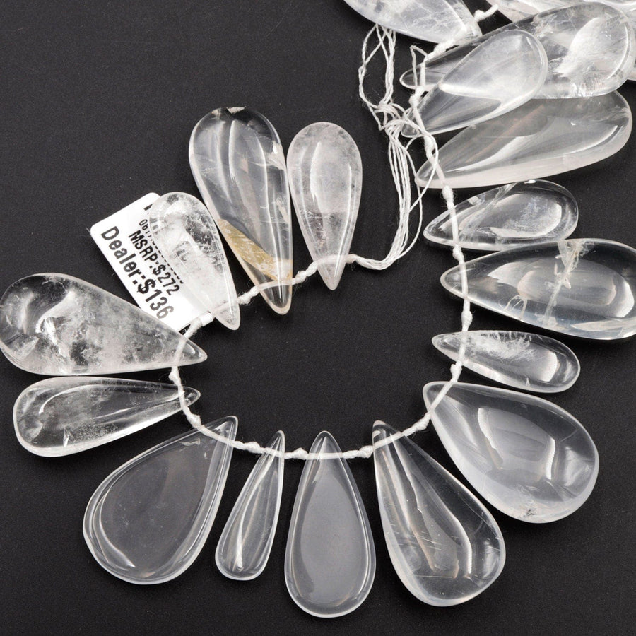 Natural Rock Crystal Quartz Teardrop Focal Pendant Beads Top Side Drilled Clear Sparkling Gemstone Smooth Focal Pendant Beads 15.5" Strand