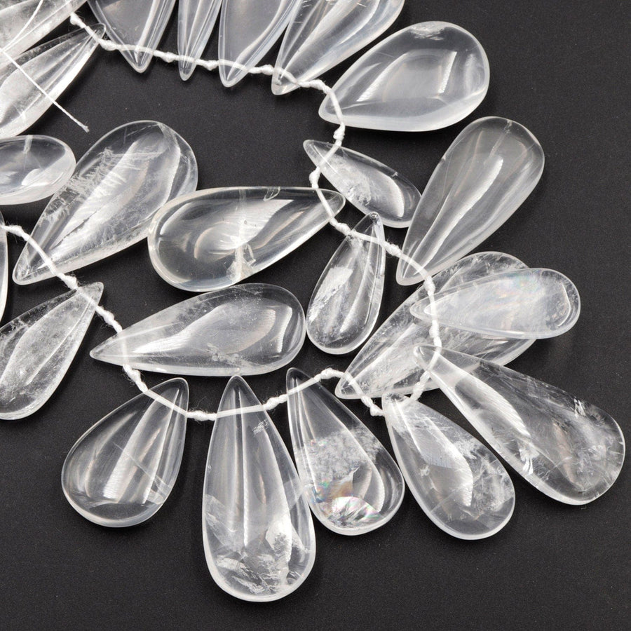 Natural Rock Crystal Quartz Teardrop Focal Pendant Beads Top Side Drilled Clear Sparkling Gemstone Smooth Focal Pendant Beads 15.5" Strand