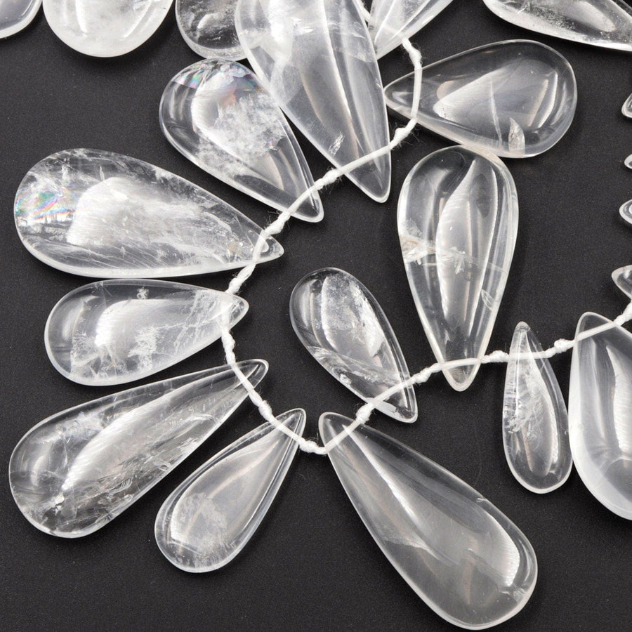 Natural Rock Crystal Quartz Teardrop Focal Pendant Beads Top Side Drilled Clear Sparkling Gemstone Smooth Focal Pendant Beads 15.5" Strand