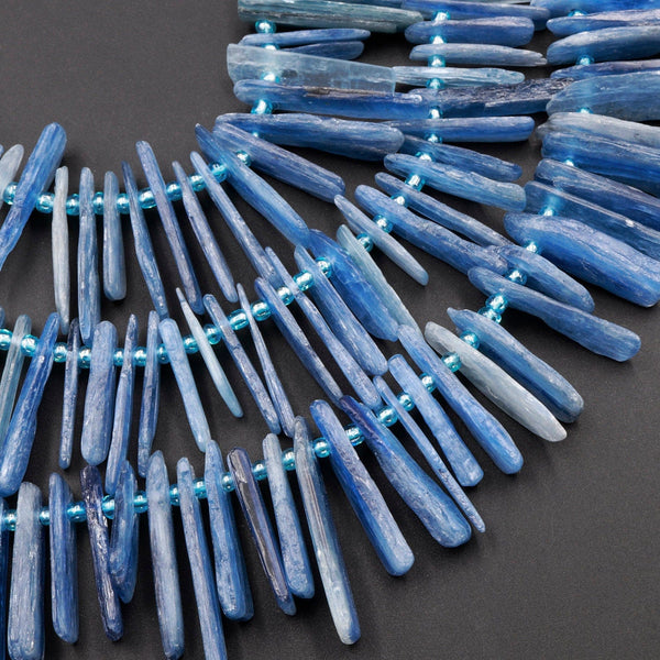 Side Drilled Raw Natural Blue Kyanite Long Rectangle Bead Focal Pendant Quality Freeform Irregular Thin Stick Spike Gemstone 16" Strand