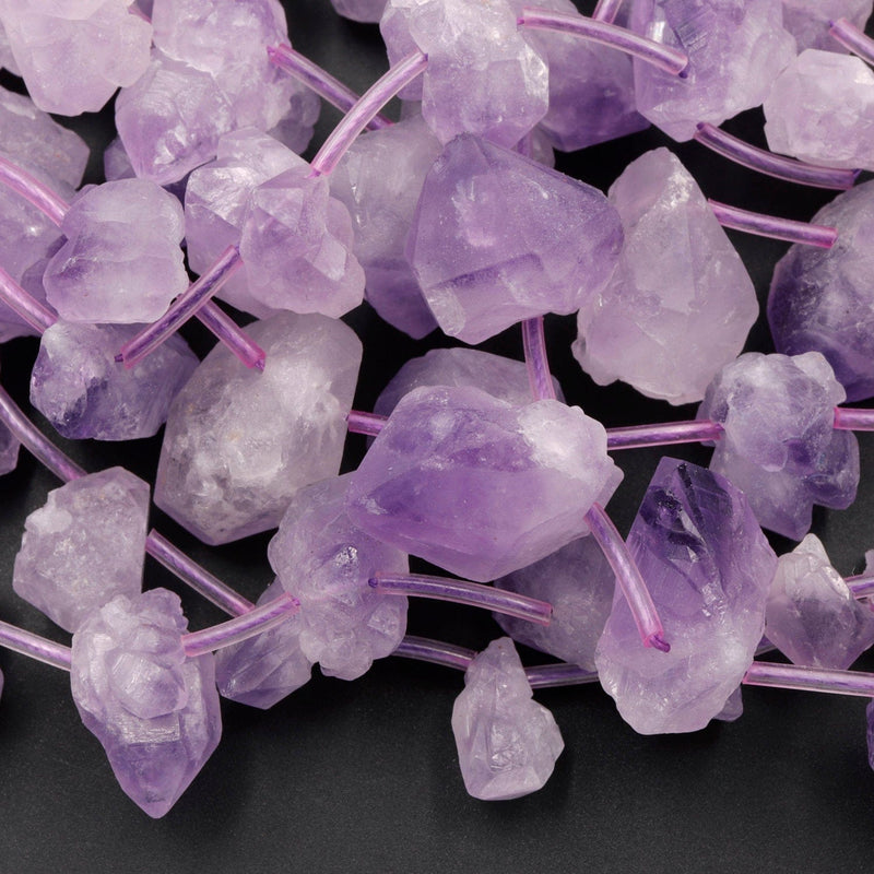 Raw Natural Amethyst Flower Beads Freeform Rough Organic Drop Nugget Light Purple Gemstone 16" Strand