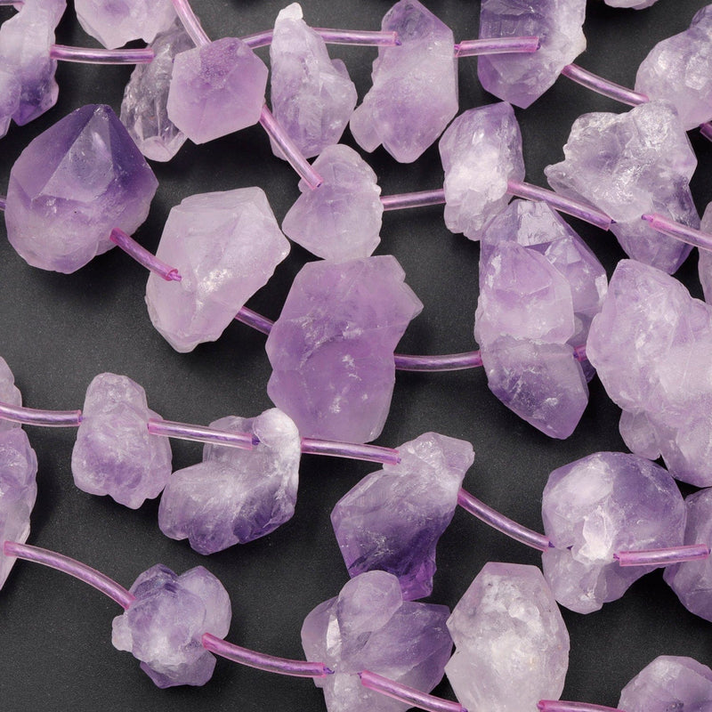 Raw Natural Amethyst Flower Beads Freeform Rough Organic Drop Nugget Light Purple Gemstone 16" Strand