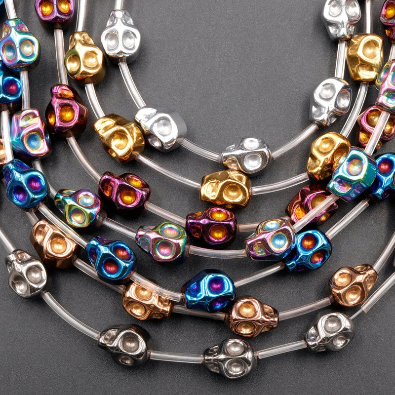 Titanium Hematite Carved Skull Beads 10mm Shiny Metallic Purple Gold Gunmetal Black Silver Rainbow Blue Copper Colors  16" Strand