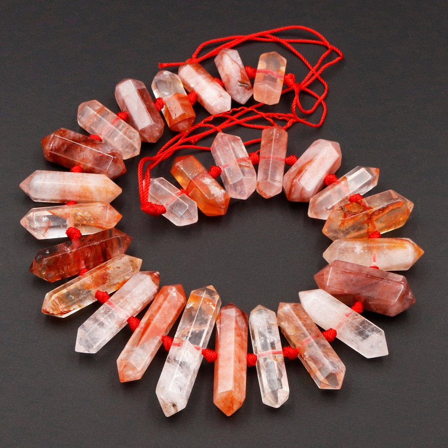 Lepidocrocite Quartz Beads Faceted Double Terminated Points Large Healing Natural Red Quartz Crystal Focal Pendant Bead 16" Strand