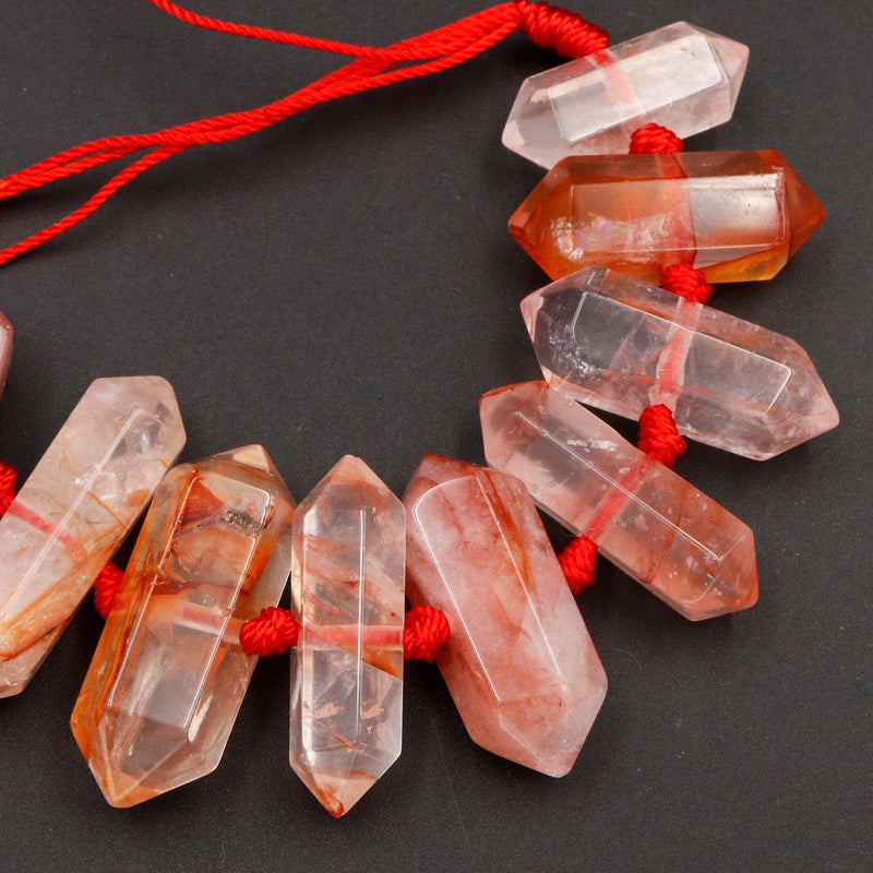Lepidocrocite Quartz Beads Faceted Double Terminated Points Large Healing Natural Red Quartz Crystal Focal Pendant Bead 16" Strand