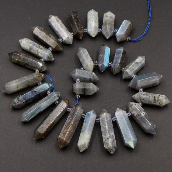 Natural Labradorite Beads Faceted Double Terminated Point Bullet Bicone Large Long Top Side Drilled Focal Labradorite Pendant 16" Strand