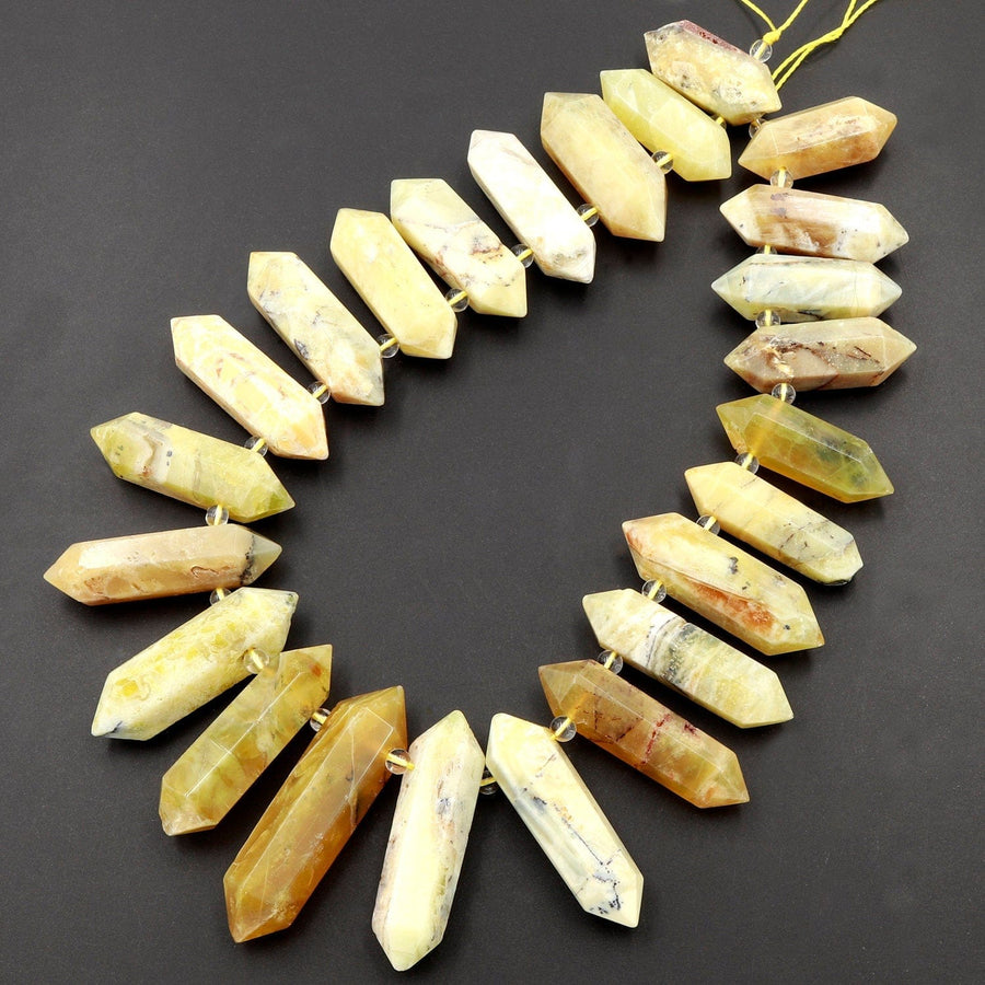 Large Natural African Yellow Opal Beads Faceted Double Terminated Points Healing Focal Pendant Top Side Drilled Bicone Bullet 16" Strand