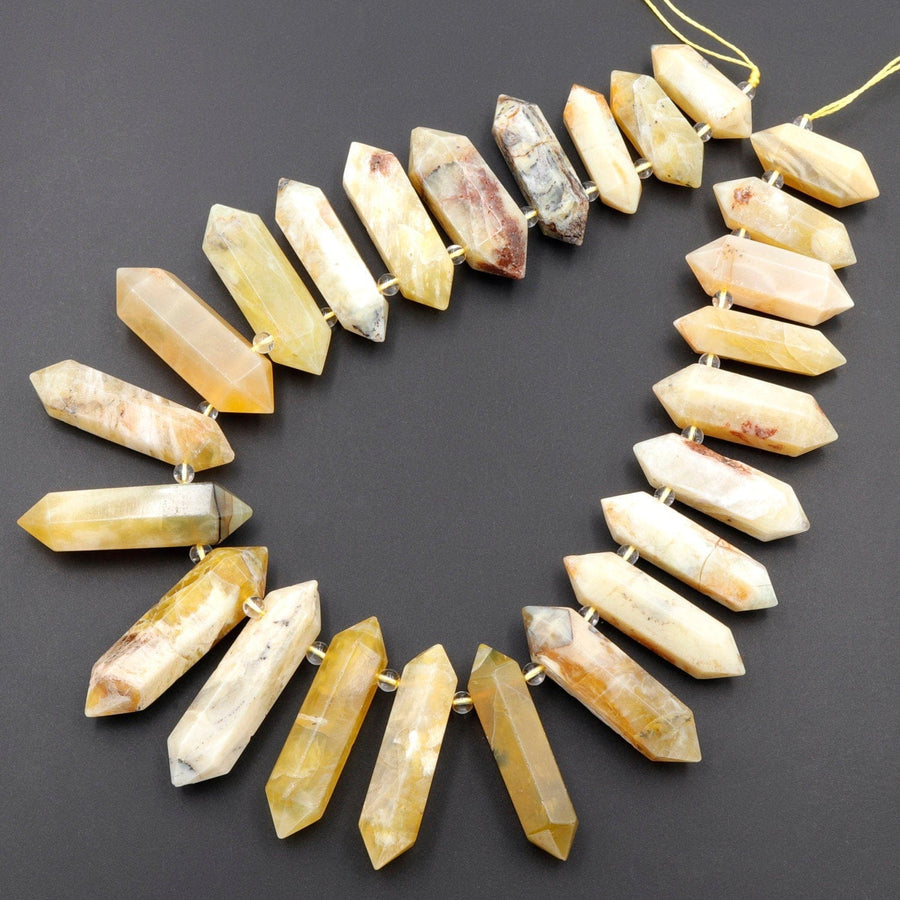 Large Natural African Yellow Opal Beads Faceted Double Terminated Points Healing Focal Pendant Top Side Drilled Bicone Bullet 16" Strand