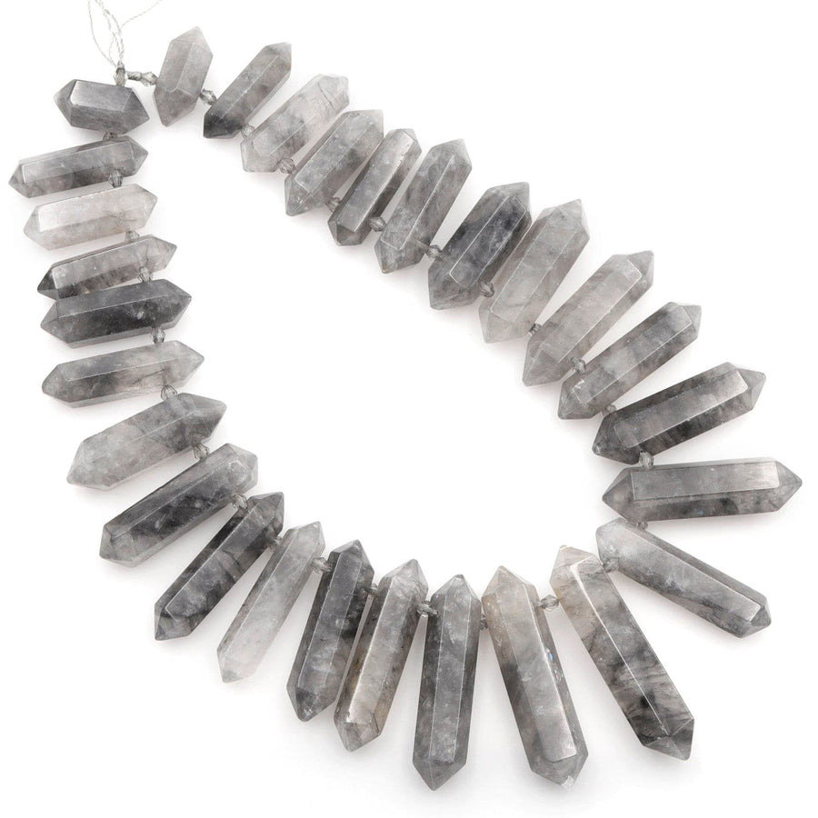Natural Cloudy Quartz Beads Faceted Double Terminated Point Bullet Bicone Large Long Top Side Drilled Focal Smoky Gray Pendant 15.5" Strand