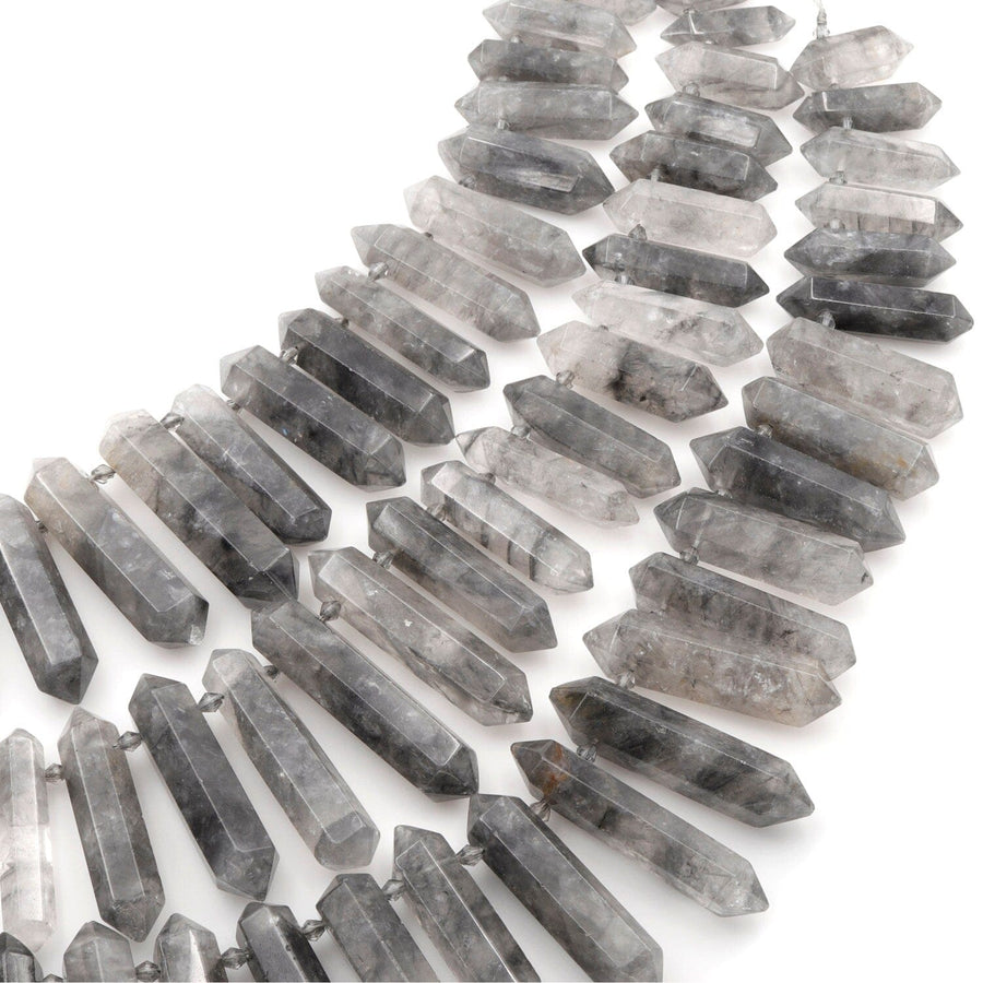 Natural Cloudy Quartz Beads Faceted Double Terminated Point Bullet Bicone Large Long Top Side Drilled Focal Smoky Gray Pendant 15.5" Strand