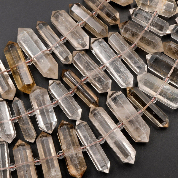 Natural Smoky Quartz Beads Faceted Double Terminated Points Large Top Side Drilled Healing Natural Quartz Crystal Focal Pendant 15.5" Strand