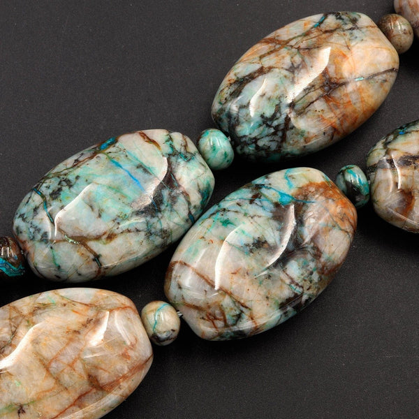 Chrysocolla in Quartz Large Focal Pendant Barrel Drum Cylinder Bead Mirror Polish Oval Beads Designer One of a Kind 18" Strand